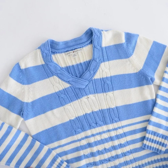 Vintage 90's Y2K Tommy Hilfiger Blue & White Stripe V-Neck Long Sleeve Sweater - Picture 10 of 12